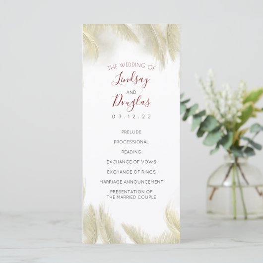 Pampas Grass Burgundy Red Wedding Programs Programm (Stehend Vorderseite)