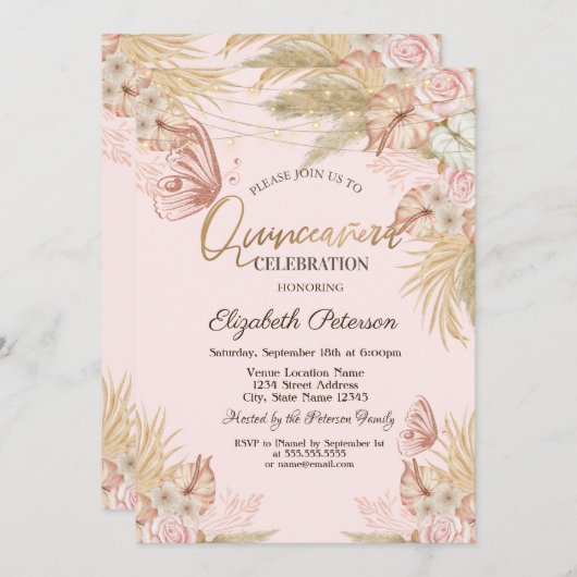 Pampas Grass Butterflies Quinceañera Einladung (Vorne/Hinten)