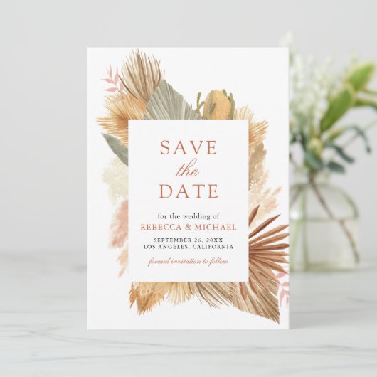Pampas Grass Dried Palm Blätter Hochzeitsstift Fot Save The Date (Stehend Vorderseite)