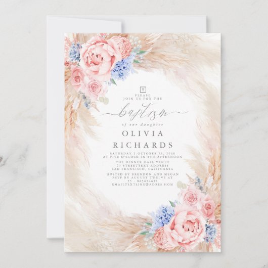 Pampas Grass Dusty Blue and Pink Taufe Einladung (Vorderseite)