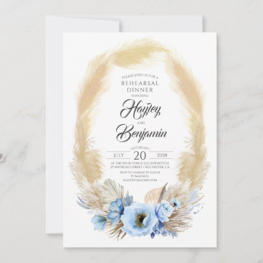 Pampas Grass Dusty Blue Blumen Probe Dinner Einladung (Vorderseite)