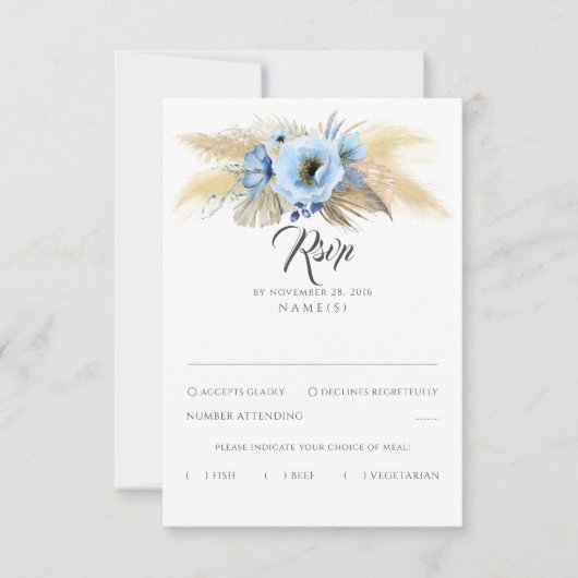 Pampas Grass Dusty Blue Floral Wedding RSVP Karte (Vorderseite)