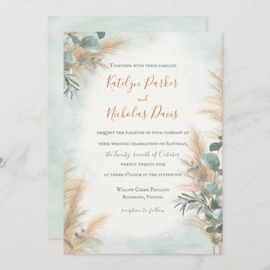 Pampas Grass Eucalyptus Greenery Boho Wedding Einladung (Vorne/Hinten)