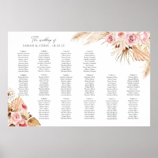 Pampas Grass Floral Boho Tabelle PLan Sitzplakette Poster (Vorne)