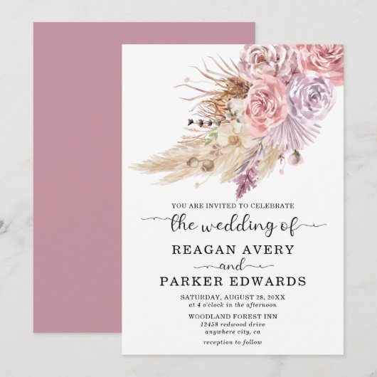 Pampas Grass Floral Rose und Lila Hochzeit Einladung (Vorne/Hinten)