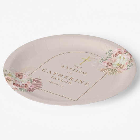 Pampas Grass Floral Taufe Christening Pappteller (Schrägansicht)