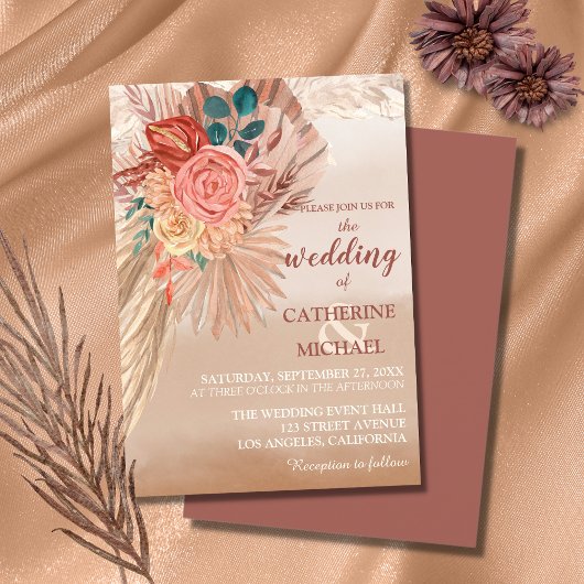 Pampas Grass Floral Terracotta Boho Chic Wedding Einladung