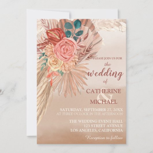 Pampas Grass Floral Terracotta Boho Chic Wedding Einladung (Vorderseite)