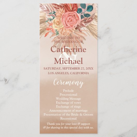 Pampas Grass Floral Terracotta Boho Chic Wedding Programm (Vorderseite)