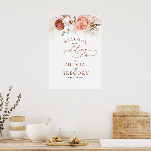 Pampas Grass Floral Terracotta Hochzeit Willkommen Poster (Küche)