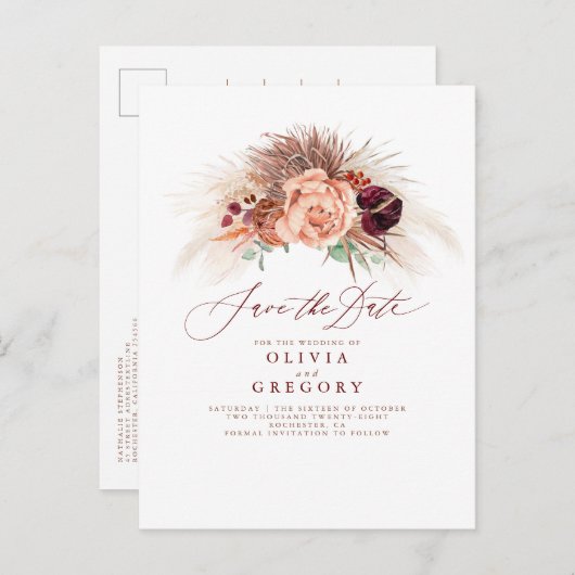 Pampas Grass Floral Terracotta Save the Date Ankündigungspostkarte (Vorne/Hinten)