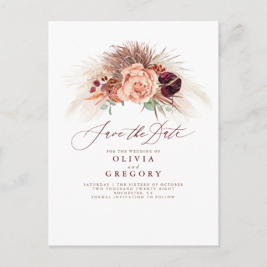Pampas Grass Floral Terracotta Save the Date Ankündigungspostkarte (Vorderseite)