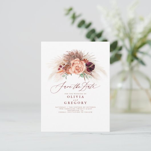 Pampas Grass Floral Terracotta Save the Date Ankündigungspostkarte (Stehend Vorderseite)