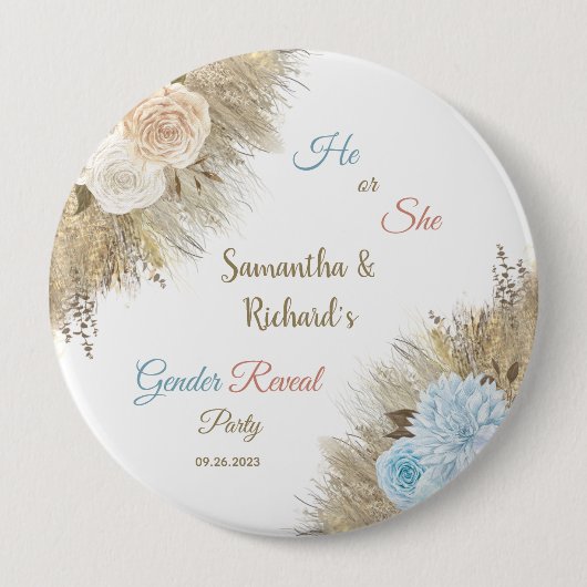 Pampas Grass Gender Reveal Party Er oder sie Button (Vorderseite)