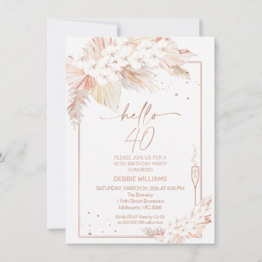 Pampas Grass Glass Hallo 40 Geburtstag Einladung (Vorderseite)