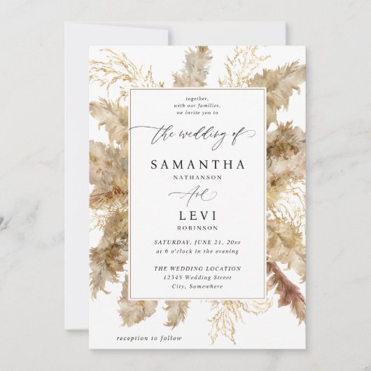 Pampas Grass & Gold Boho Wedding Einladung (Vorderseite)