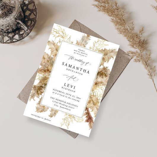 Pampas Grass & Gold Boho Wedding V2 Einladung