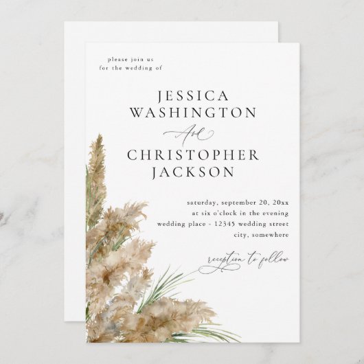 Pampas Grass & Greenery Wedding Einladung (Vorne/Hinten)
