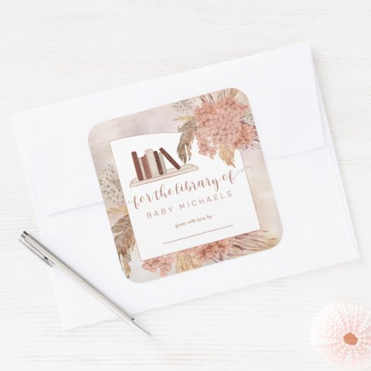 Pampas Grass | Hydrangeas Baby Dusche Buchzeichen Quadratischer Aufkleber (Umschlag)