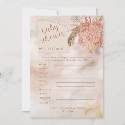 Pampas Grass |Hydrangeas Baby Dusche Word Scramble Einladung (Vorderseite)