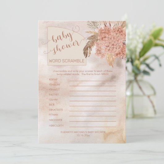 Pampas Grass |Hydrangeas Baby Dusche Word Scramble Einladung (Stehend Vorderseite)