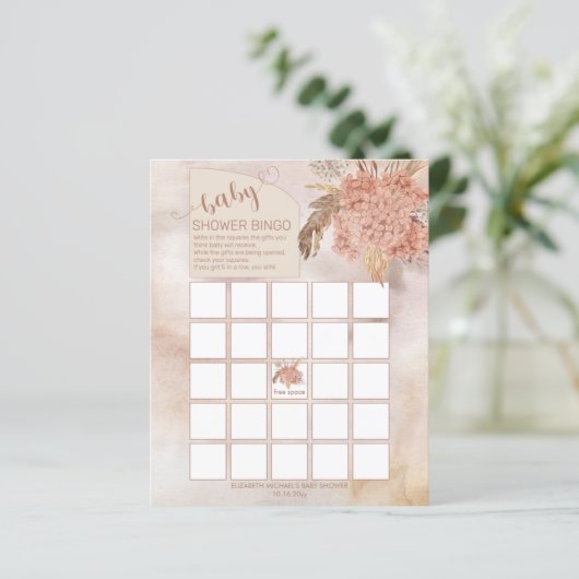 Pampas Grass | Hydrangeas Babydusche Bingo Card (Stehend Vorderseite)