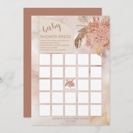Pampas Grass | Hydrangeas Babydusche Bingo Card Einladung (Vorne/Hinten)