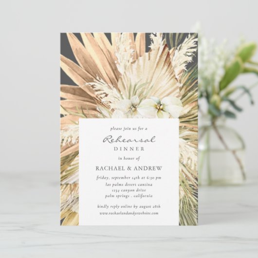 Pampas Grass Modern Boho Hochzeit Probe Dinner Einladung (Stehend Vorderseite)