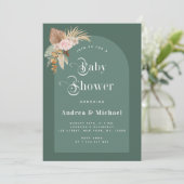Pampas Grass Moss Green Boho Arch Baby Dusche Einladung (Stehend Vorderseite)