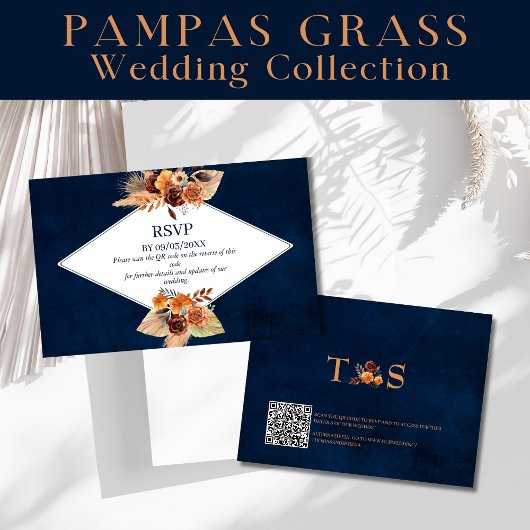 Pampas Grass Navy Blauer Herbst QR Code RSVP Mitteilungskarte