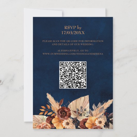 Pampas Grass Navy Blue speichert den Date QR Code Einladung (Rückseite)