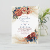 Pampas Grass Navy Blue Terracotta Engagement Party Einladung (Stehend Vorderseite)