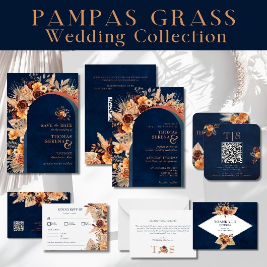 Pampas Grass Navy Blue Terracotta Fall QR Code Einladung