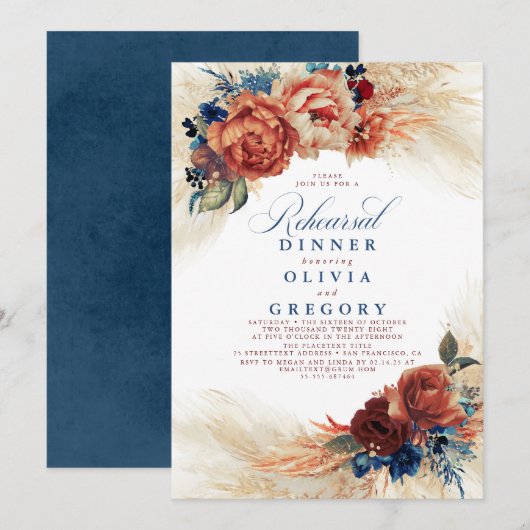 Pampas Grass Navy Blue Terracotta Probe Dinner Einladung (Vorne/Hinten)