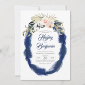 Pampas Grass Navy Tropische Hochzeit in Blau und R Einladung (Vorderseite)