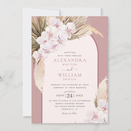 Pampas Grass Orchids Dusty Rose Tropische Hochzeit Einladung (Vorderseite)