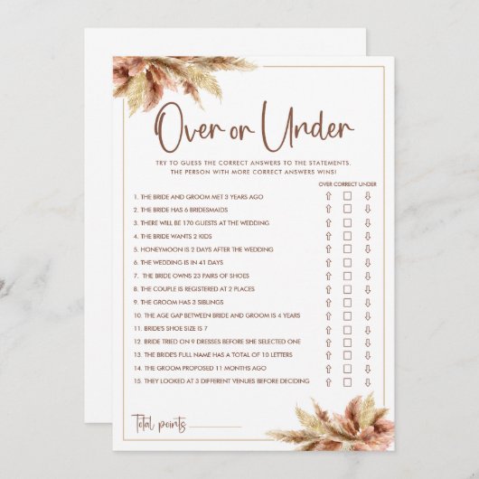 Pampas Grass Over & Under Brautparty Game Card Einladung (Vorne/Hinten)