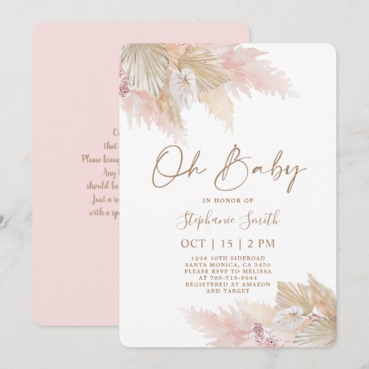Pampas Grass Pink Boho Chic Baby Shower Girl Einladung (Vorne/Hinten)