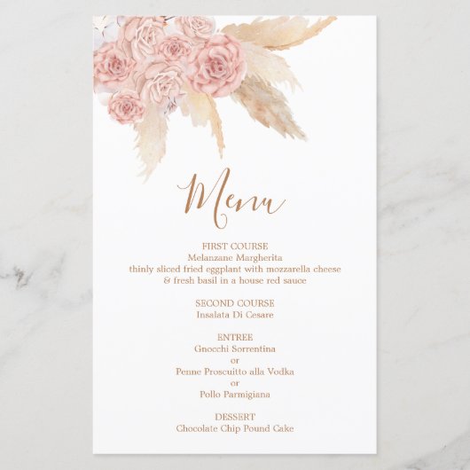 Pampas Grass pink Boho Chic Menü Card (Vorderseite)