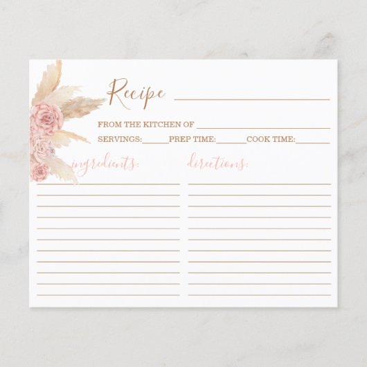 Pampas Grass Pink Boho Chic Rezept Karte (Vorderseite)