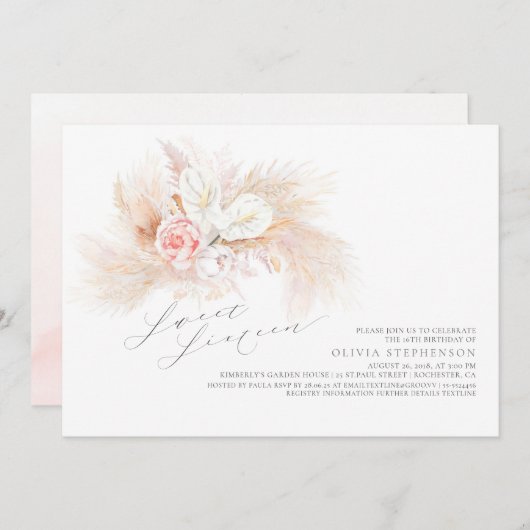 Pampas Grass Pink Floral 16 . Geburtstag Geburtsta Einladung (Vorne/Hinten)