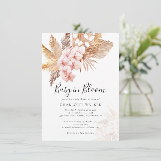 Pampas Grass Pink Floral Fall Baby Dusche Einladung (Stehend Vorderseite)