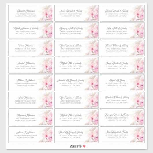 Pampas Grass Pink Floral Guest Name Labels (Blatt)