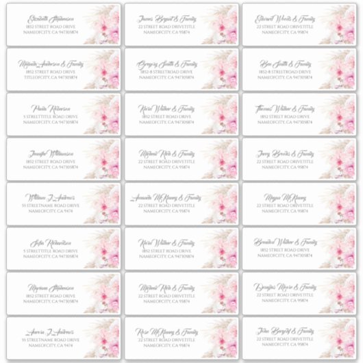 Pampas Grass Pink Floral Guest Name Labels (Vorderseite)