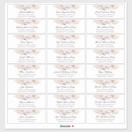 Pampas Grass Pink Floral Guest Name Labels (Blatt)
