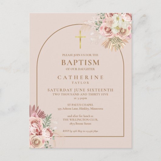 Pampas Grass Pink Gold Arch Taufe Weihnachten Einladungspostkarte (Vorderseite)