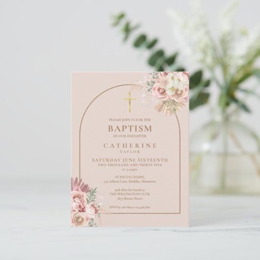 Pampas Grass Pink Gold Arch Taufe Weihnachten Einladungspostkarte (Stehend Vorderseite)