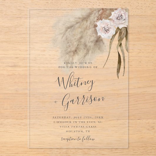 Pampas Grass Pink Hochzeit Acryleinladungen (Vorderseite)