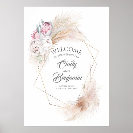 Pampas Grass Pink King Protea Chic Hochzeit Empfan Poster (Vorne)