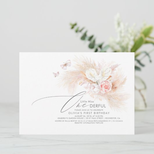 Pampas Grass Pink Little Miss Onederday Einladung (Stehend Vorderseite)